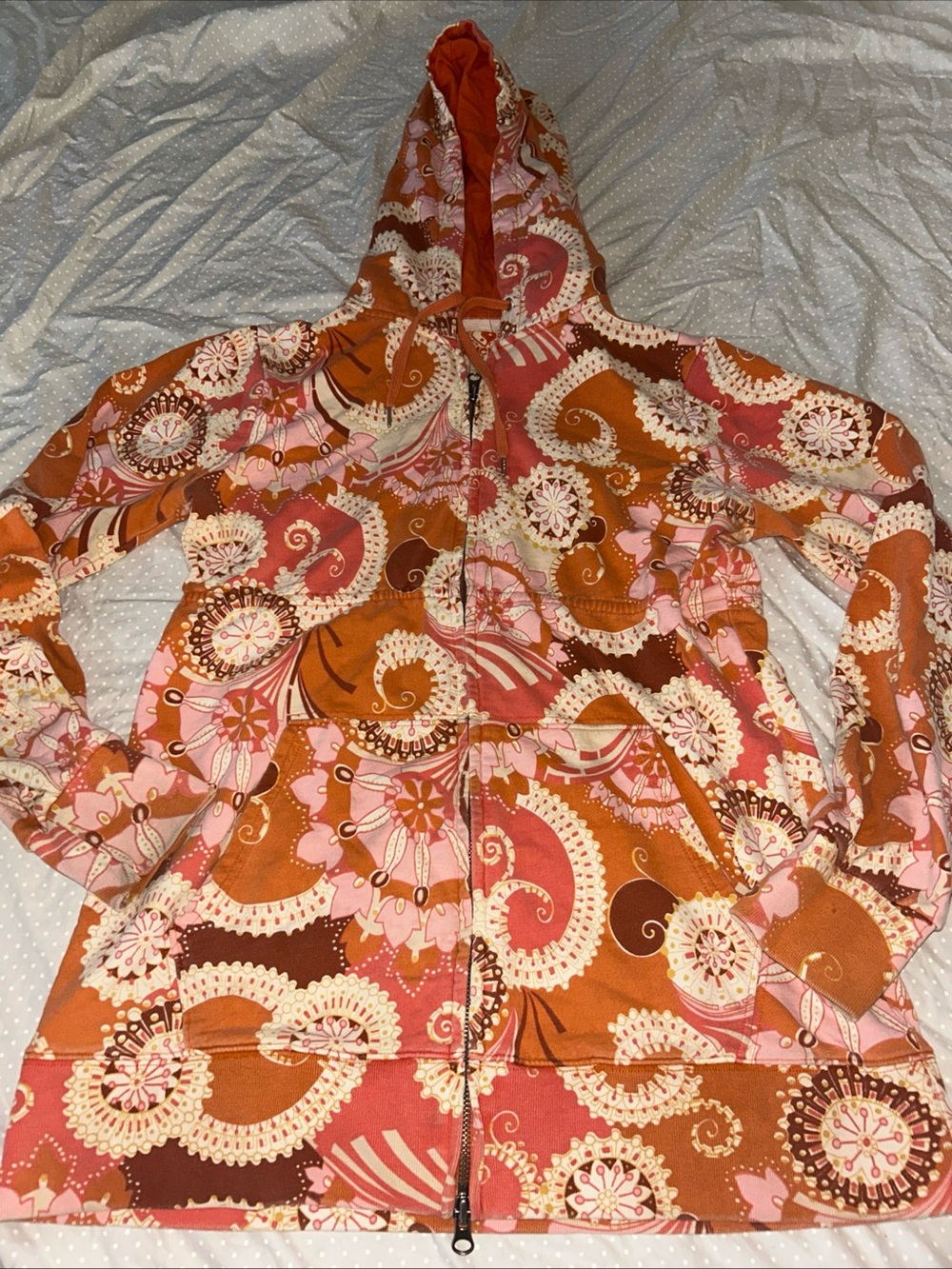 Vtg Lucky Brand Sweatshirt Womens Sz S Orange Pink Y2K Full Zip Hoodie Babydoll